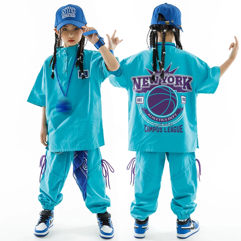 2023 bambini vestiti Hip Hop ragazze maglietta allentata pantaloni vestito blu ragazzi Street Dance Costume Kpop concerto Performance Wear BL10590