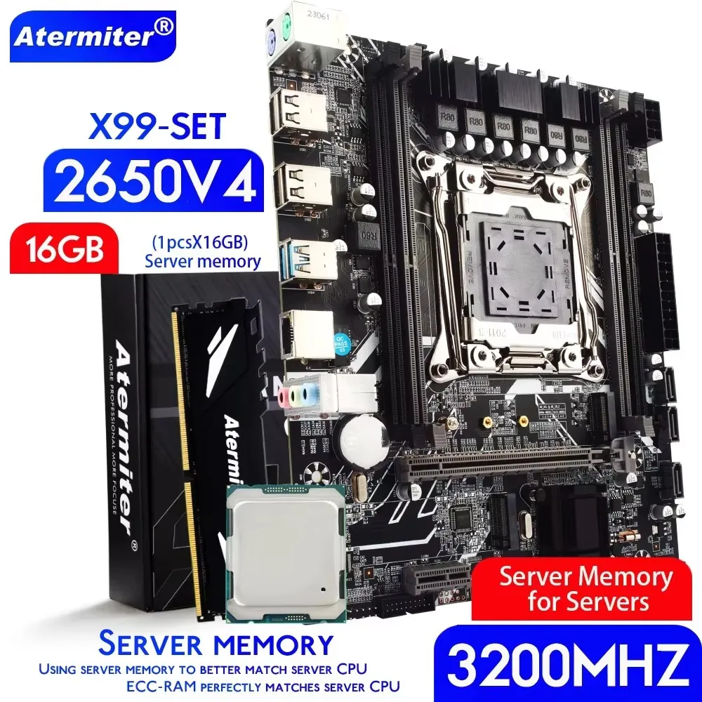 Atermiter X99 D4 Motherboard cpu ram combo Set with Xeon E5 2650 V4 LGA2011-3 2650v4 CPU 16GB 3200MHz DDR4 REG ECC RAM Memory