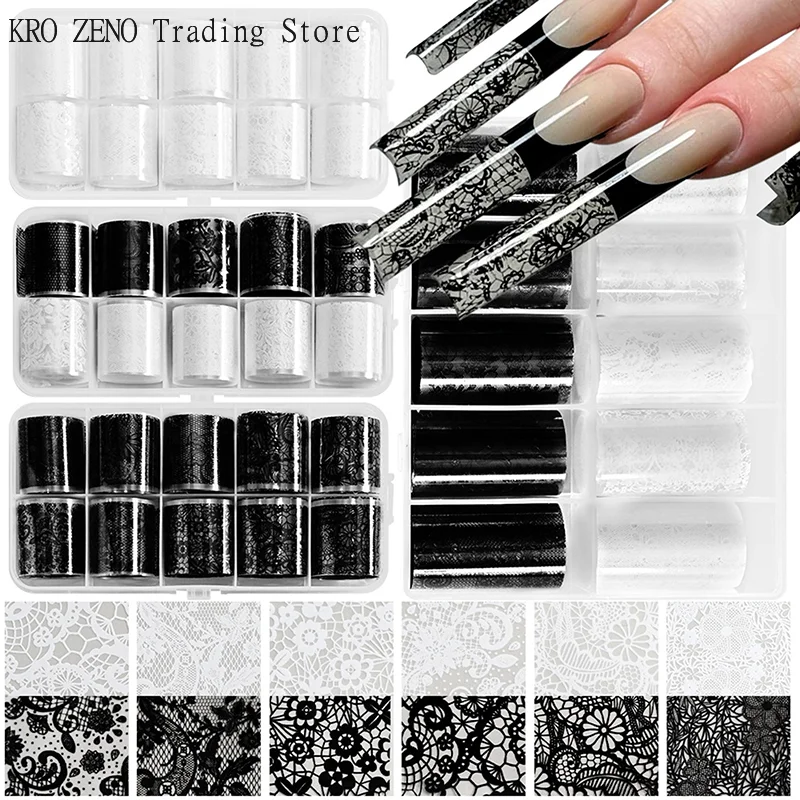 1/10 Roll Elegant Black White Lace Flower Nail Transfer Foils Fantasy Retro Floral Starry Sky Paper Sticker Manicure Accessories