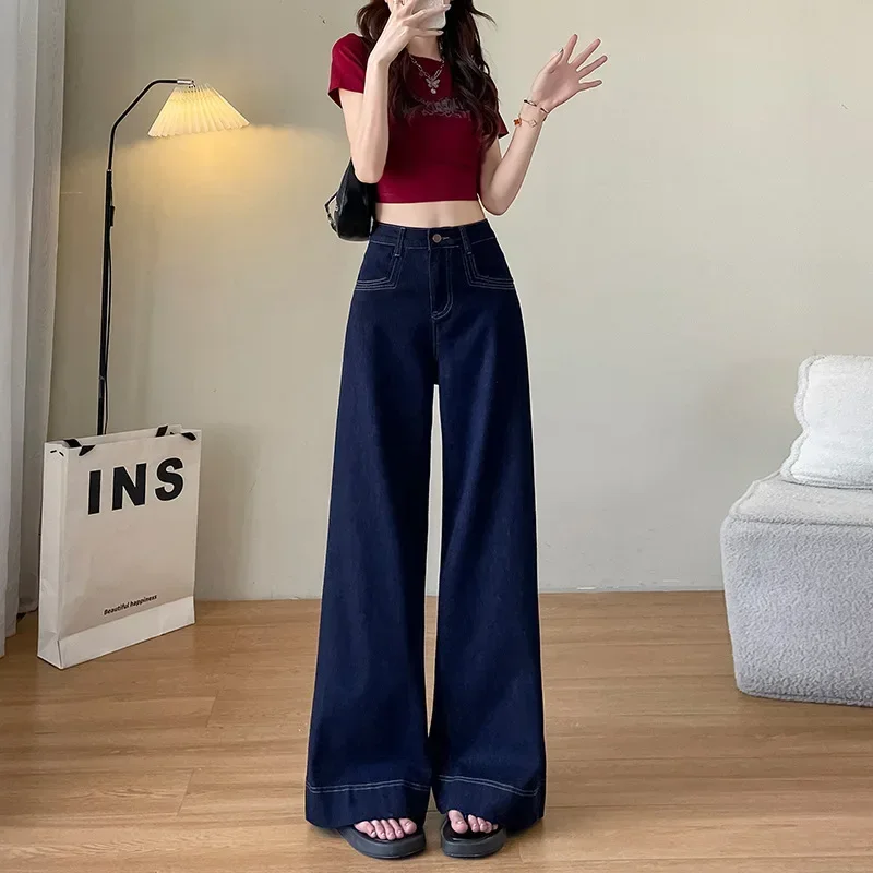 Damskie jeansy Deep Blue Soft z szerokimi nogawkami, wysoki stan, luźny krój, zwiewne, dla figury typu gruszka, długość do podłogi, nowość na jesień.