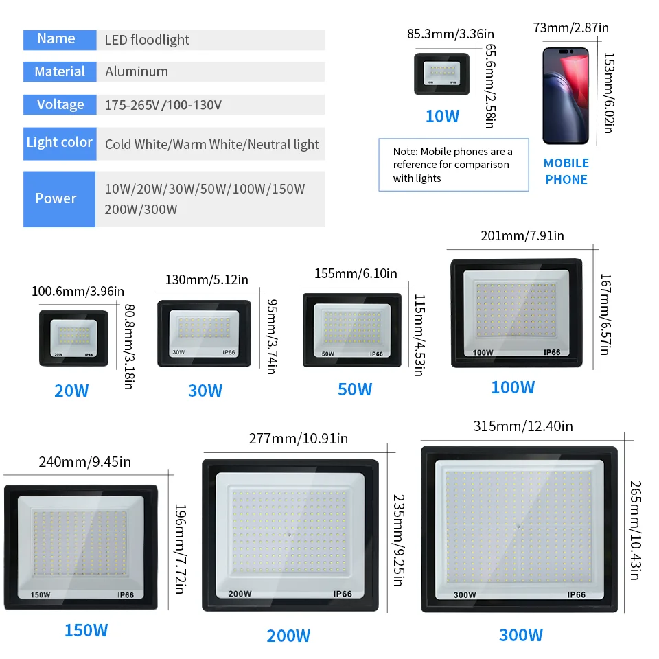 고휘도 LED 투광 조명, 정원 거리 야외 조명용 투광 조명, 10W, 20W, 30W, 50W, 100W, 150W, 200W, 300W, AC110V, 220V