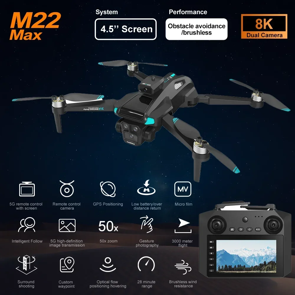 

M22 Складная GPS 8K Двойная камера 720P FPV Передача Автоматическое возвращение Удобный для начинающих RC Квадрокоптер для детей и взрослых Портативный дрон