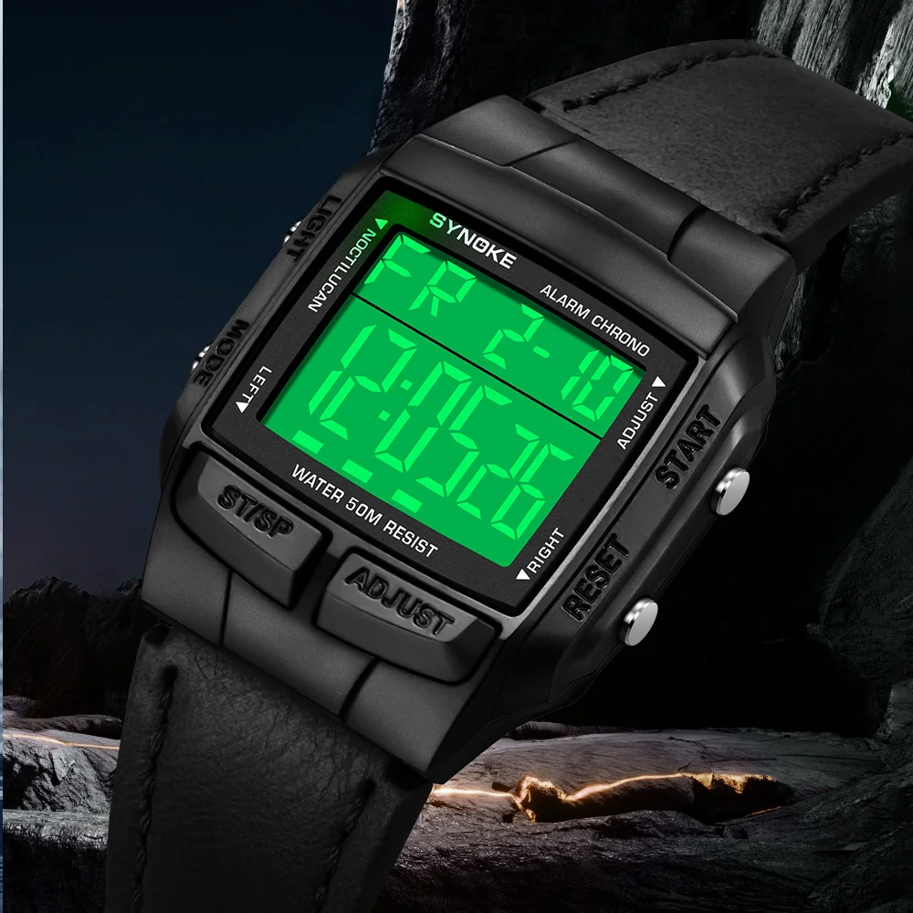 SYNOKE Digital watches Waterproof  Luminous LED Digital Watch PU Leather For Men Retro Fashion Belt Watch Men Outdoor Sports