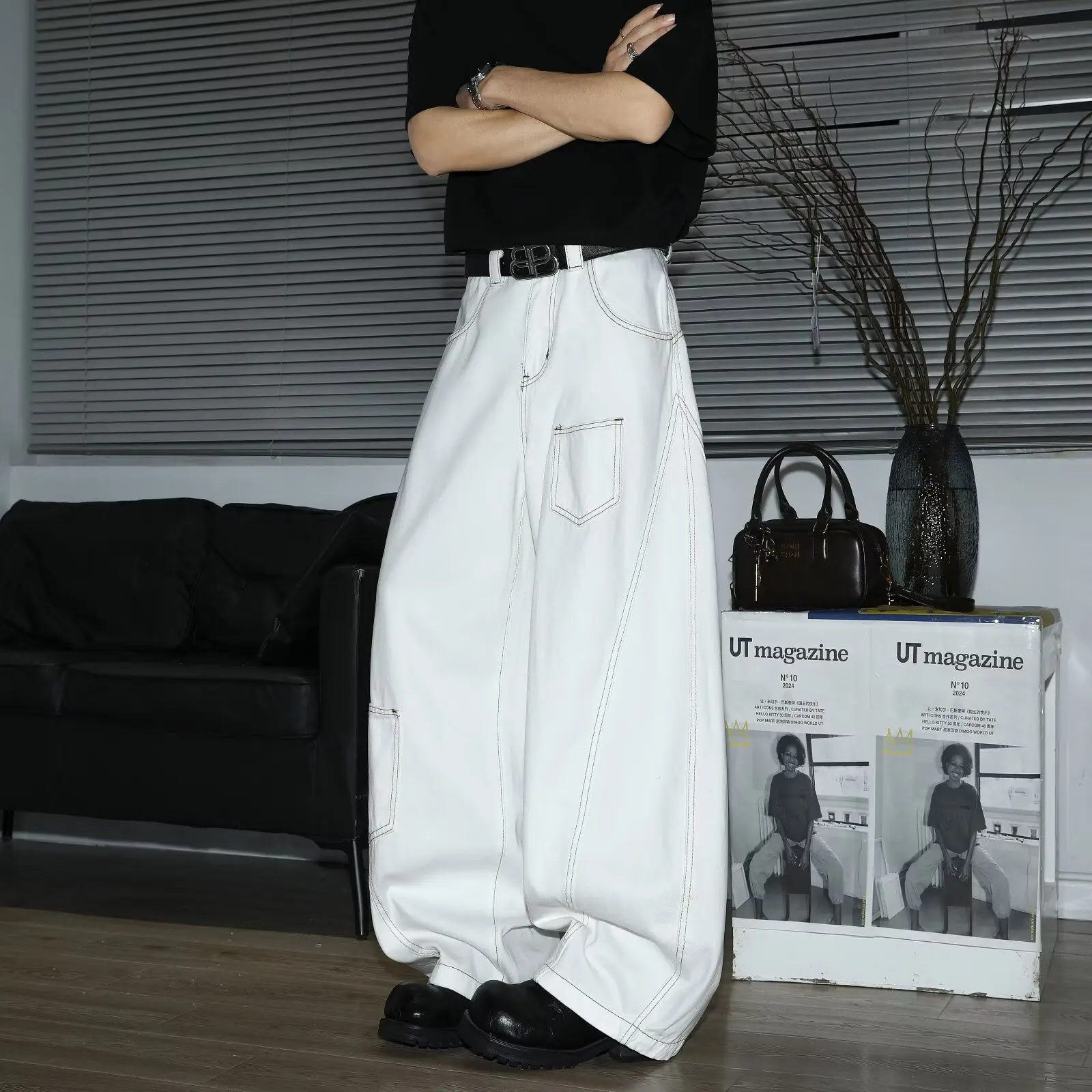 Y2K الرجال الجينز الأبيض عالية الخصر واسعة الساق الدنيم السراويل الرجعية فضفاض نمط موضة فضفاضة تناسب عادية سراويل جينز الشارع الشهير #1