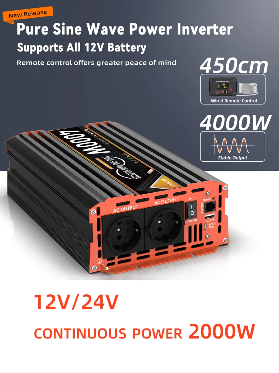 4000W Piek 2000W Power Zuivere Sinus Omvormer DC 12V 24V naar AC 230V LCD Display Auto USB-C Poort Voltmeter Converter Transformator - afbeelding 2