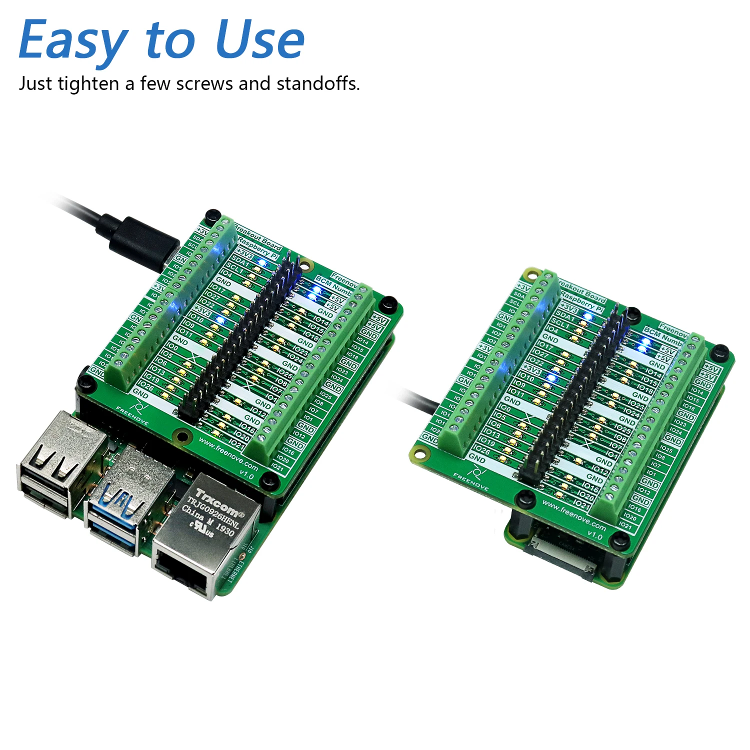 Freenove Breakout Board for Raspberry Pi 5 4B 3B+ 3B 3A+ 2B 1B+ 1A+ Zero 2 W, Terminal Block Shield HAT Header GPIO Status LED