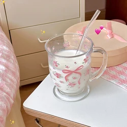 Kawaii Bowknot Glass Cups Tumbler Aesthetic Cute korean Flower Mugs For Ice Coffee Juice Beer Milk Tea Glasses Cup Bowl For Girl