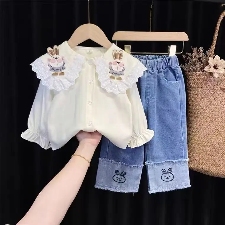 Children Girls denim clothes suits  spring Autumn Kids Girl  jean pants + Cartoon bunny Rabbit shirt fashion 2pcs clothing sets