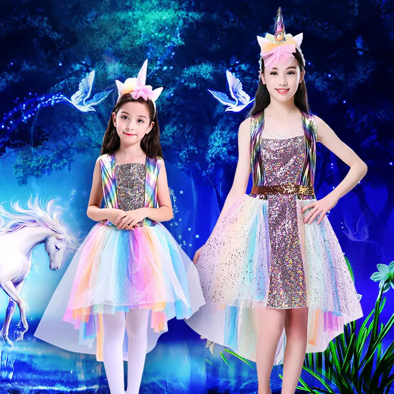

Rainbow Princess Unicorn Children's Performance Costume Dress Girls Stage Show Outfit Fairy Tale Inspired Ensemble Polyester