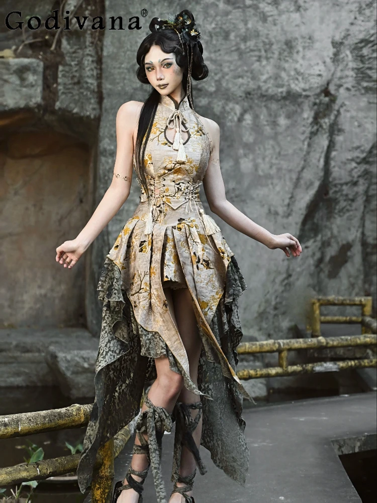 

Temperament New Chinese Style Jacquard Lace Trailing Skirt Spring Autumn Fashion Girl Versatile Loose Irregular Street Skirts