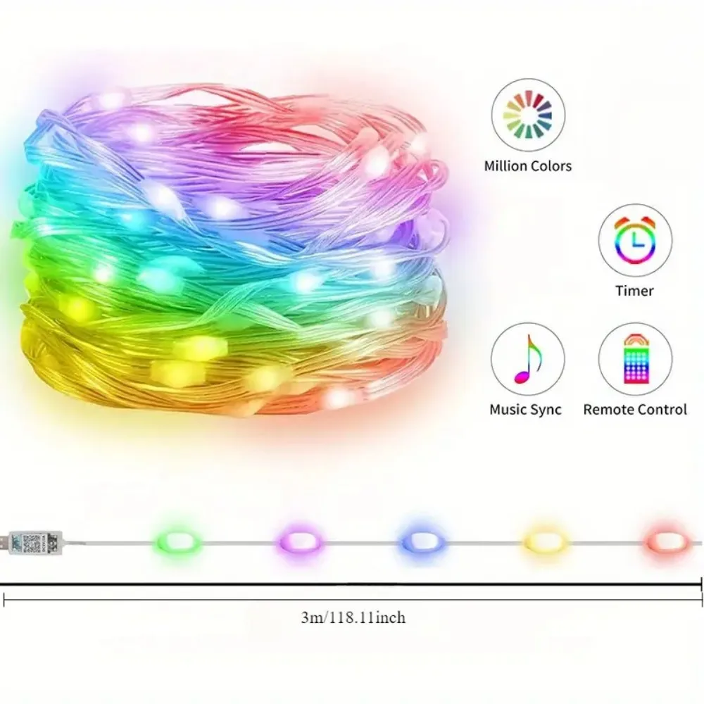 ضوء سلك جلدي ذكي LED IC-RGB، مصدر طاقة USB، تغيير لون متزامن للموسيقى، تطبيق وجهاز تحكم عن بعد، يستخدم لتزيين الحفلات #6