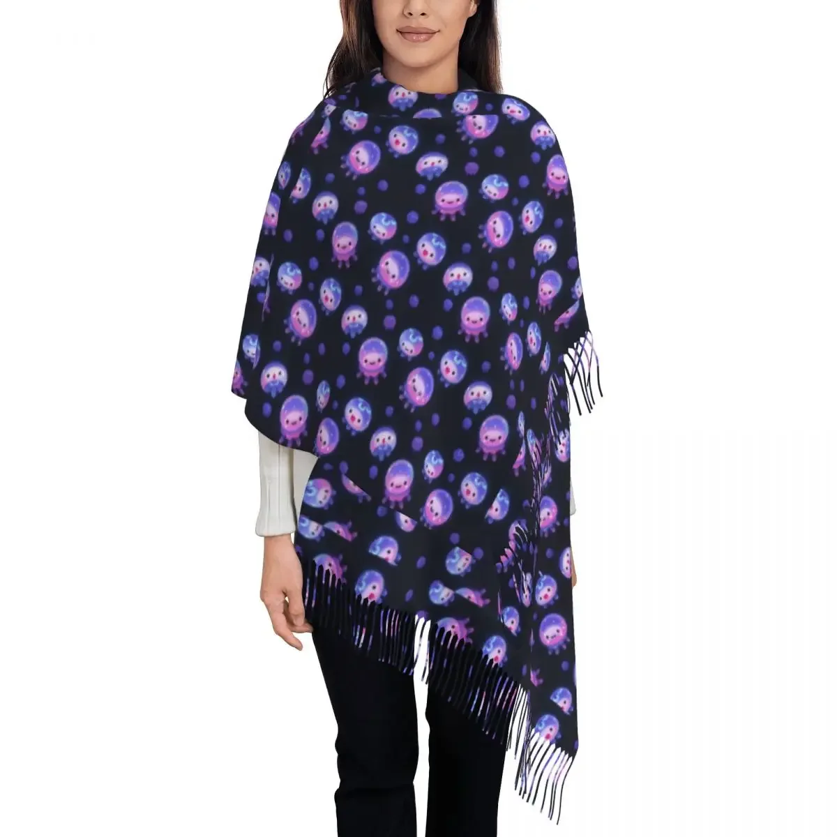 Marine Life Scarf Unisex  Jellyfishs Cartoon Large Scarves with Long Tassel Vintage Shawls and Wraps Warm Soft Bufanda Mujer