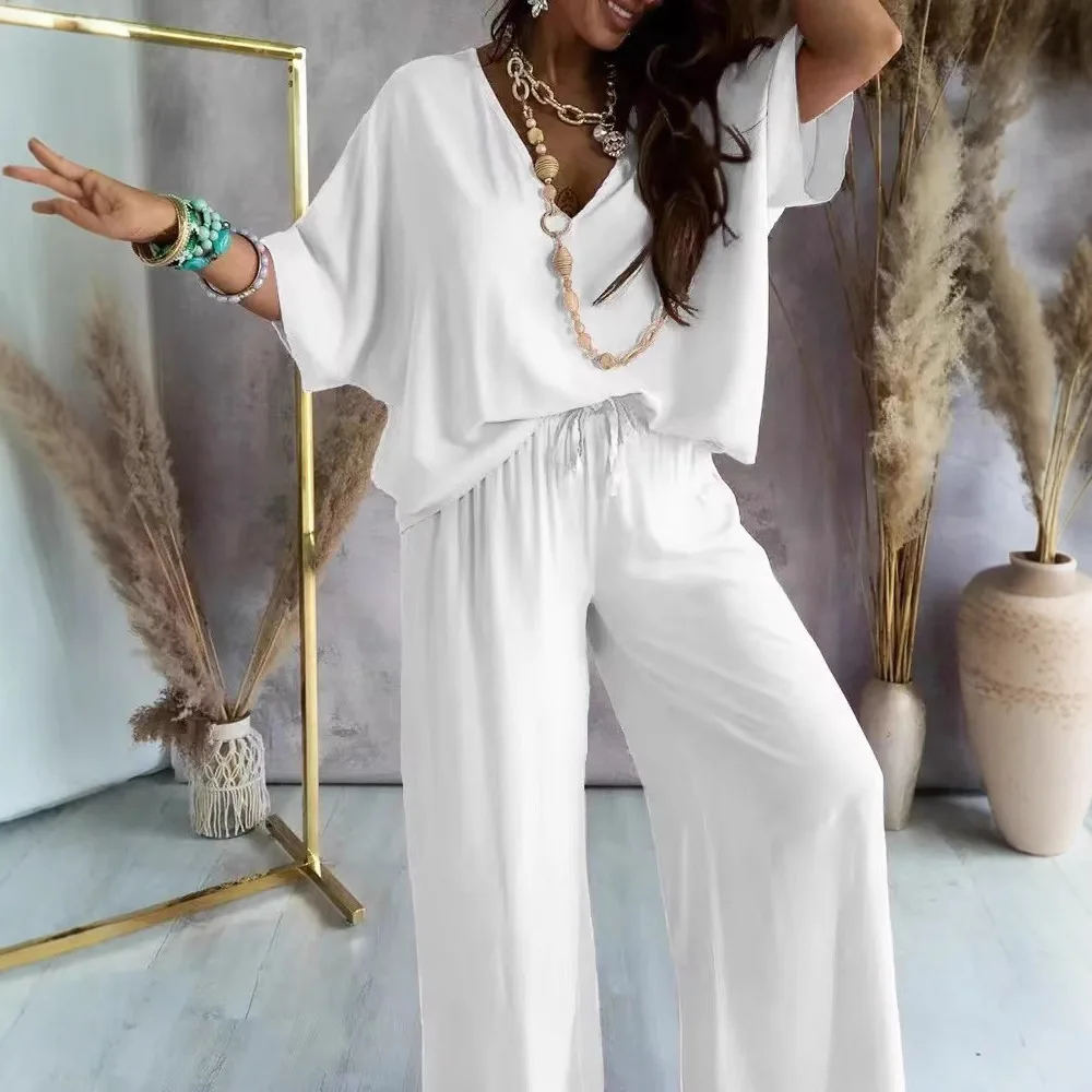 

V-neck Cotton and Linen Short Sleeved T-shirt Top Casual Wide Leg Pants Two-piece Set Elegant Women's Pants Set