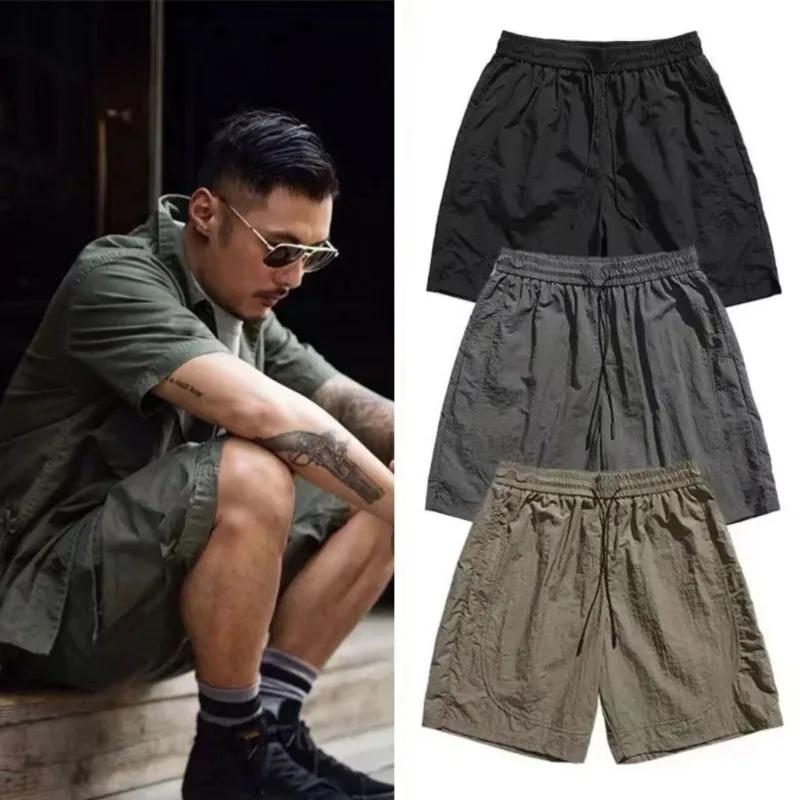Japanese Military Solid Color Shorts Men Wrinkle Resistant Quick Dry Fabric Oversized Elastic Waist Drawstring Casual Shorts