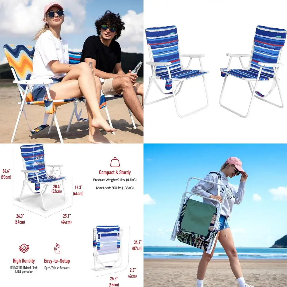 

Tall Folding Lawn Beach Chair Lightweight, Portable Sand Chair for Adults Heavy Duty 300 LBS with Cup Holders, Foldable Camping
