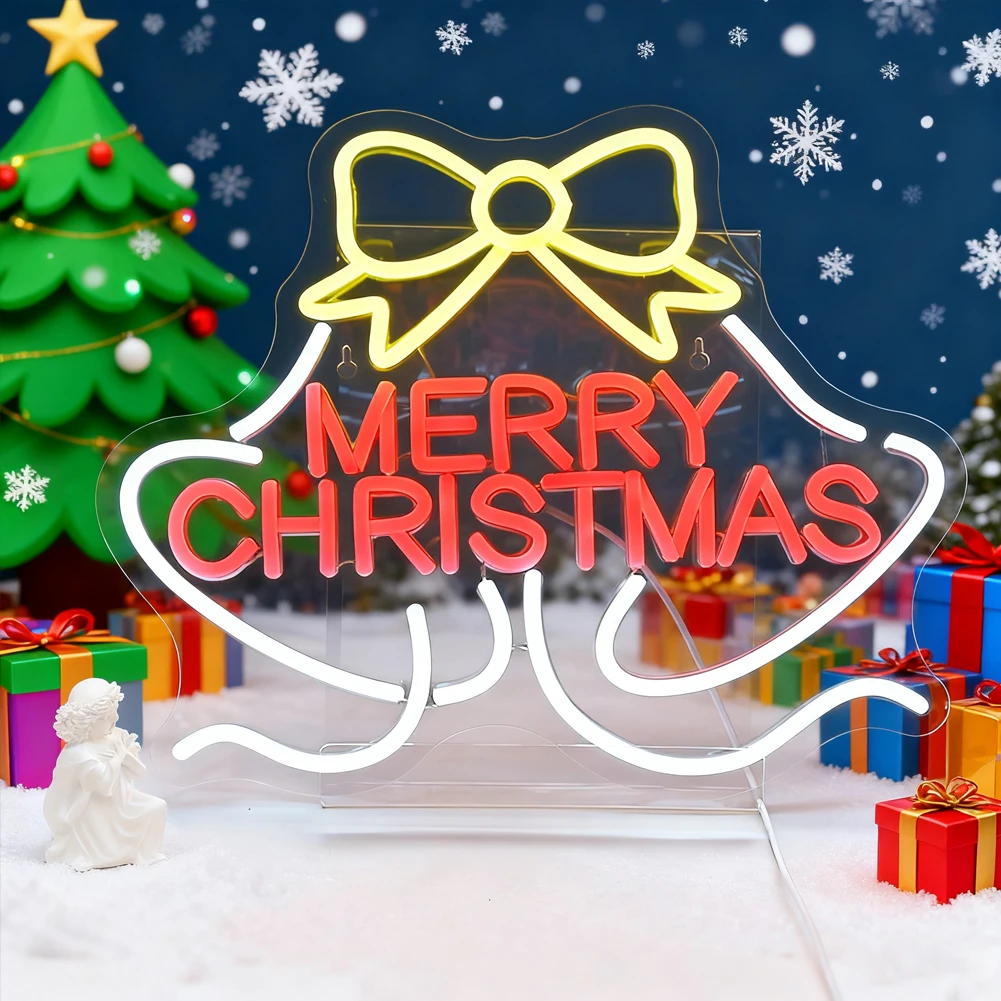 Esclusiva insegna al neon di Buon Natale con campana |   Decorazione da parete a LED alimentata tramite USB per feste di Natale in casa |   Decorazioni natalizie ideali per la famiglia