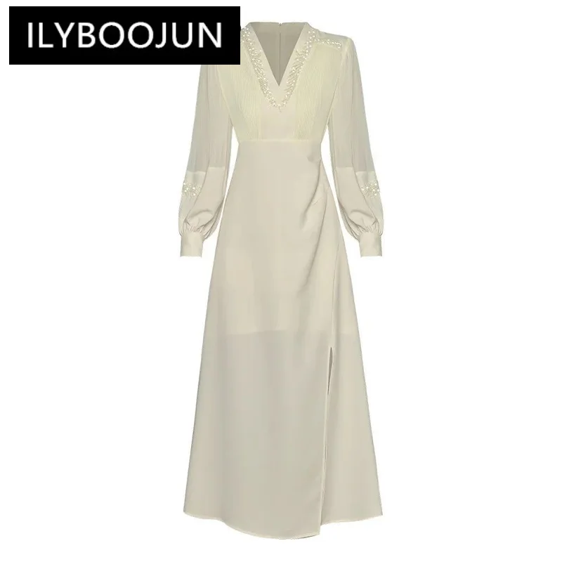 

ILYBOOJUN 2024 Summer Fashion Runway Women Dress 3D Beading V Neck Long Sleeves High Waist Side Slit Temperament Midi Dress