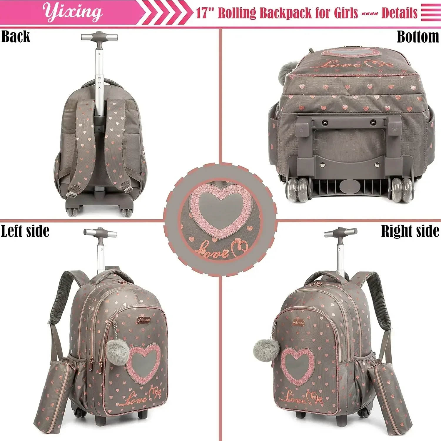 Children's Wheeled Backpack Bag Set with Lunch Box School Rolling Backpack Bag with Wheels School Trolley Backpack Bag for Girls