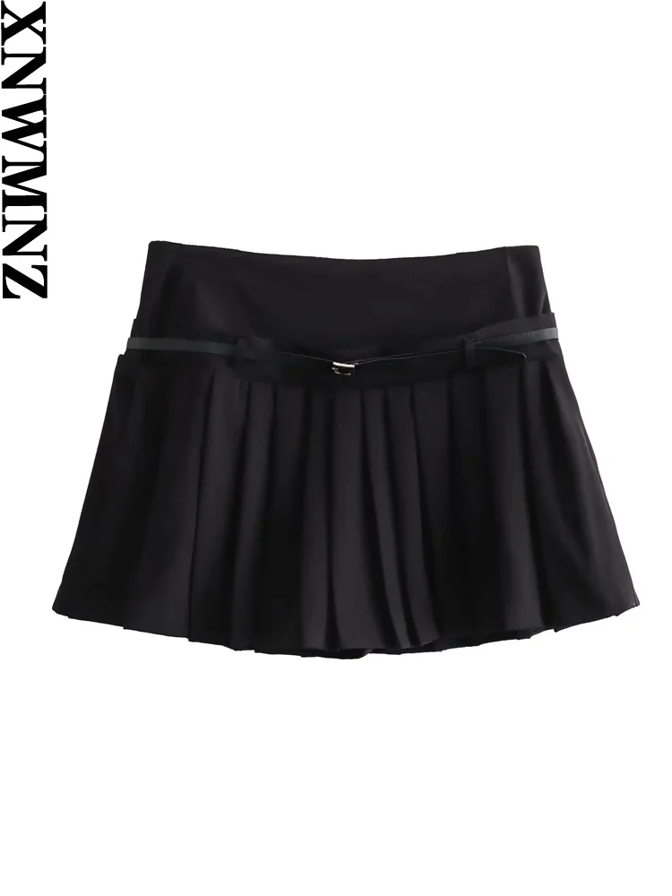 XNWMNZ 2024 Spring Casual Mujer Pleated Skirt Belt Extremely Short Skrit Zipper High Waisted A-Line Female Mini Skirt