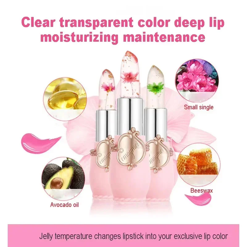 Bálsamo labial que cambia de Color con temperatura de gelatina, lápiz labial de gelatina con flor de cristal, hidratante, resistente al agua, maquillaje nutritivo de larga duración para labios