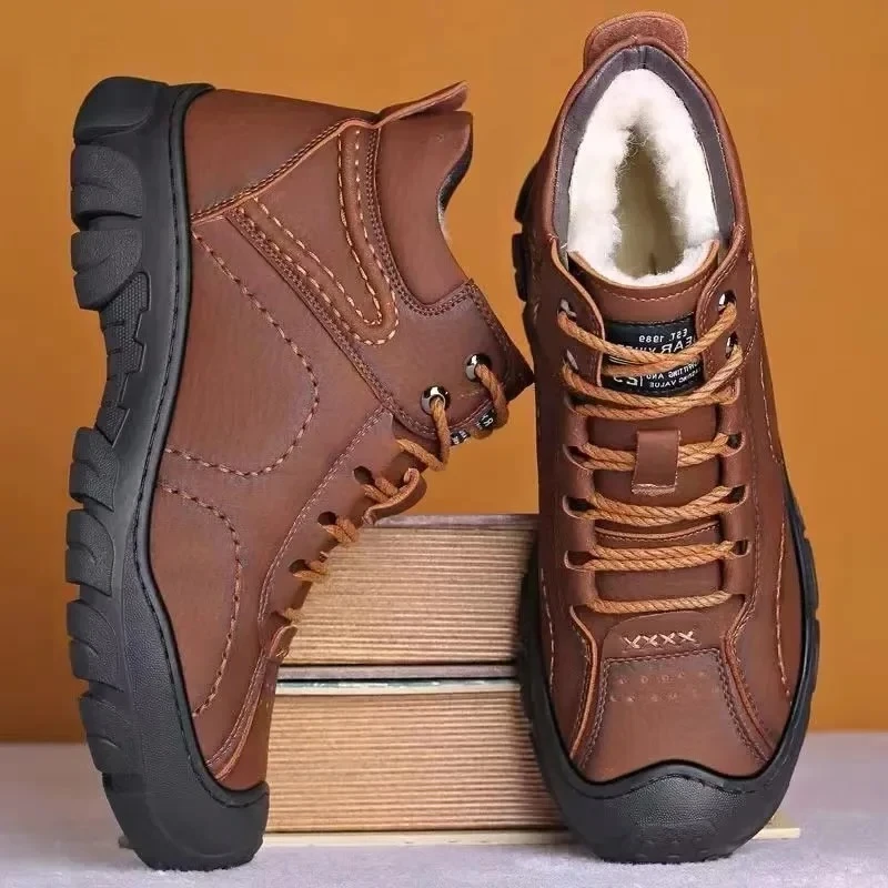 

Men Work Shoes Quality Lace Up Waterproof Leather Male Boots Man Ankle Non-slip Bota Masculina Snow Winter Cotton