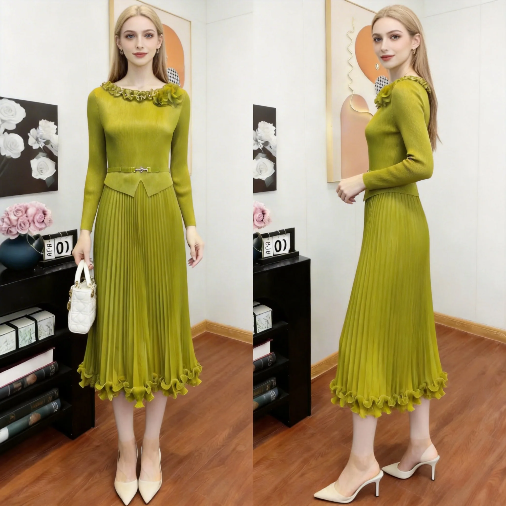 

Miyake Hollow Lace Splicing Women's Pleated Dress Chic New Fungus Edge Beaded Fake Two-piece Short-sleeved Women's Long Skirt