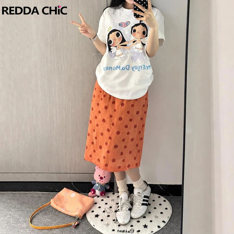 

ReddaChic Women Knee Long Polka Dot Skirt Retro Causal Orange Straight Elastic Waist Split Thin Skirt Holiday Summer Clothes