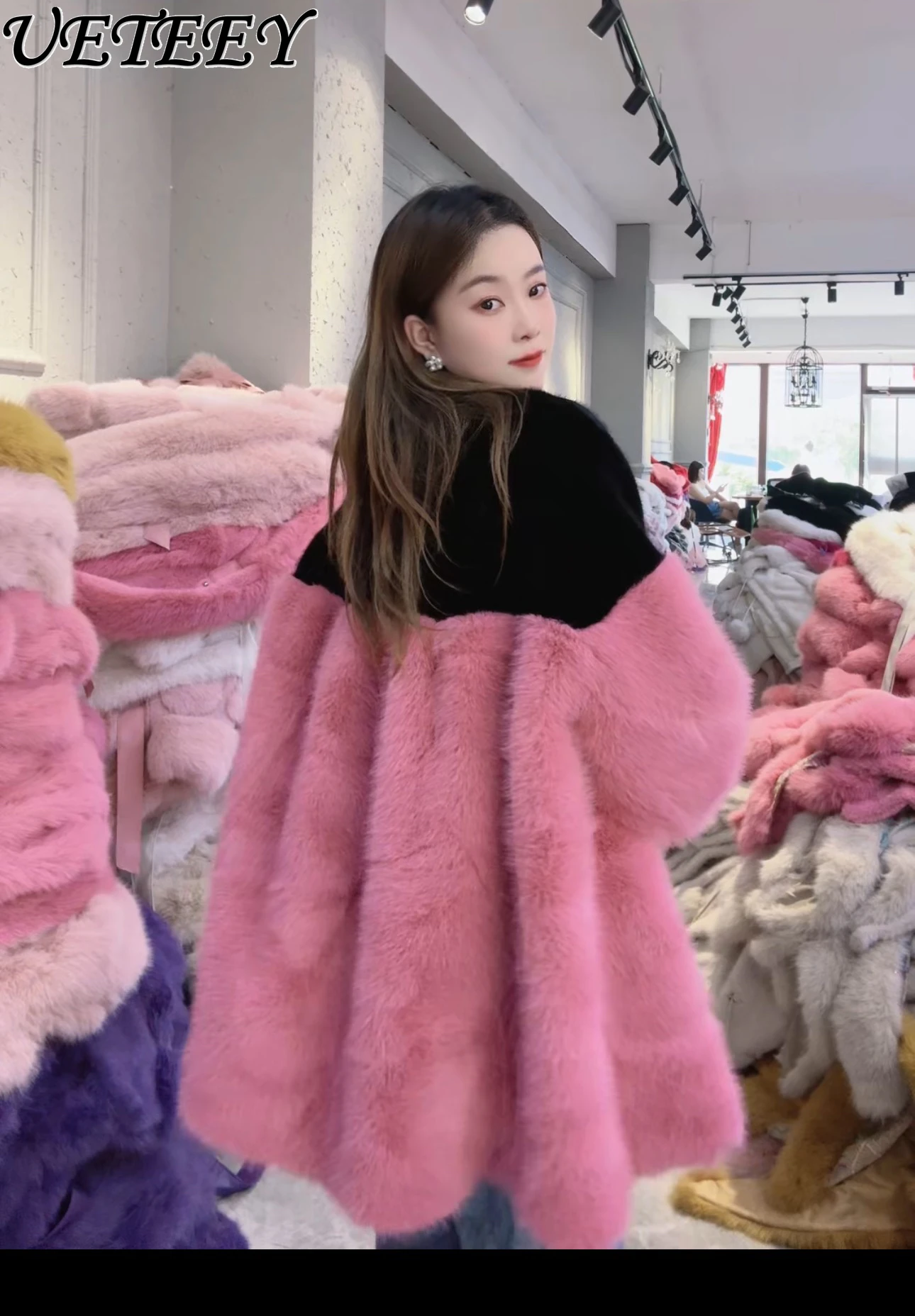 Autumn Winter New Fashion Color-Block Loose Long Sleeve Faux Fur Coat Versatile Korean Style Single-Breasted Jacket for Women