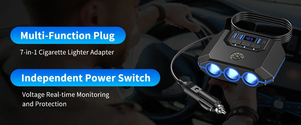 7-in-1 Zigarettenanzünder-Verteiler 120W 3-Port Auto-Ladegerät Adapter USB PD Stromanschluss mit EIN/AUS-Schaltern – Detail 1