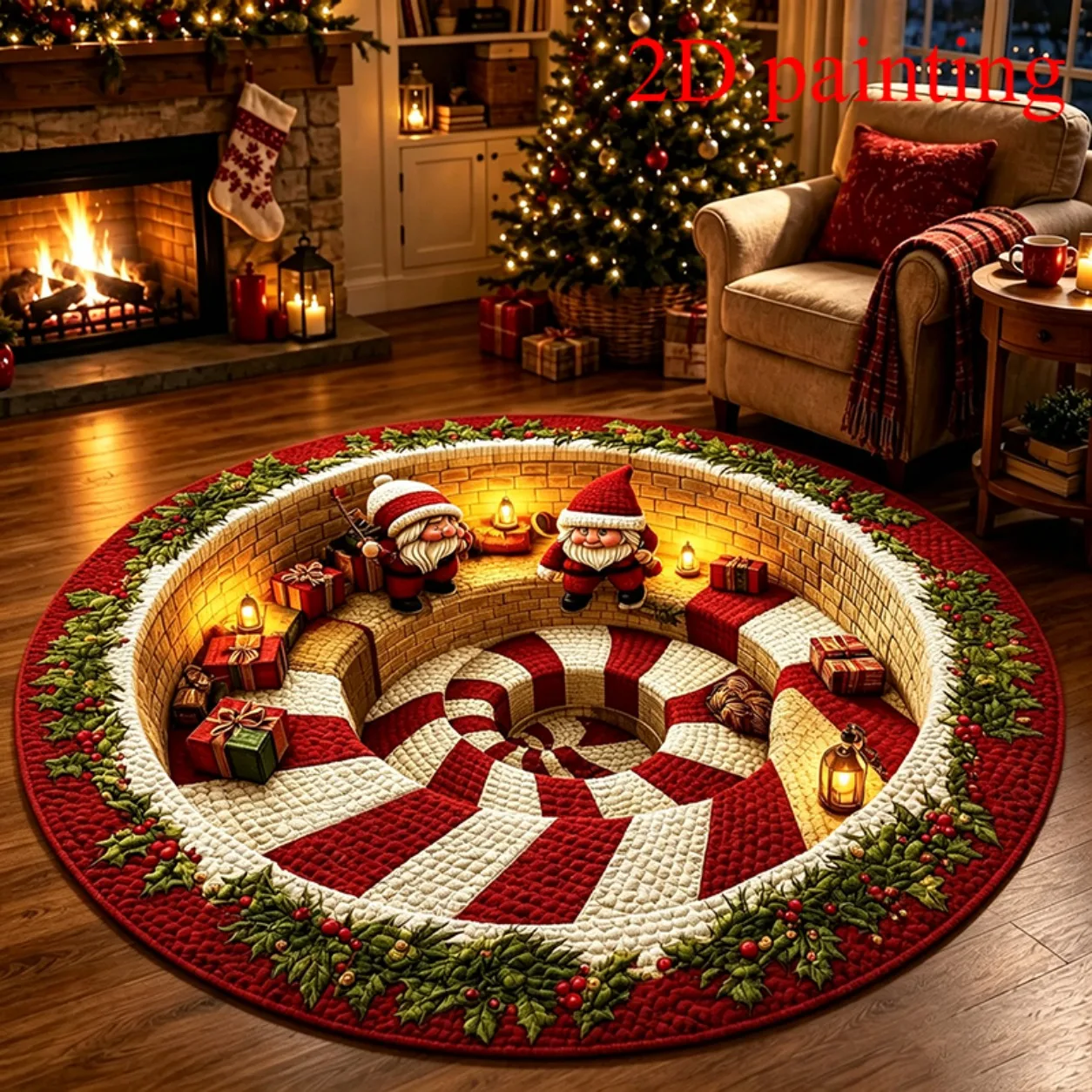 Round Christmas 3D Hole Visual Area Rug, Gingerbread Man Cabin Xmas Tree Gift Snowflake Print Holiday Floor Rug