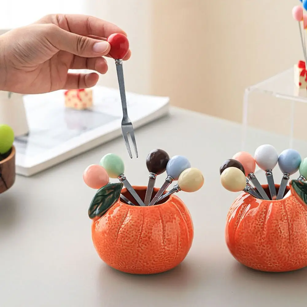 

Orange Ceramic Fruit Forks Set Creative Solid Color Dessert Forks with Storage Jar Ins Style Decorative