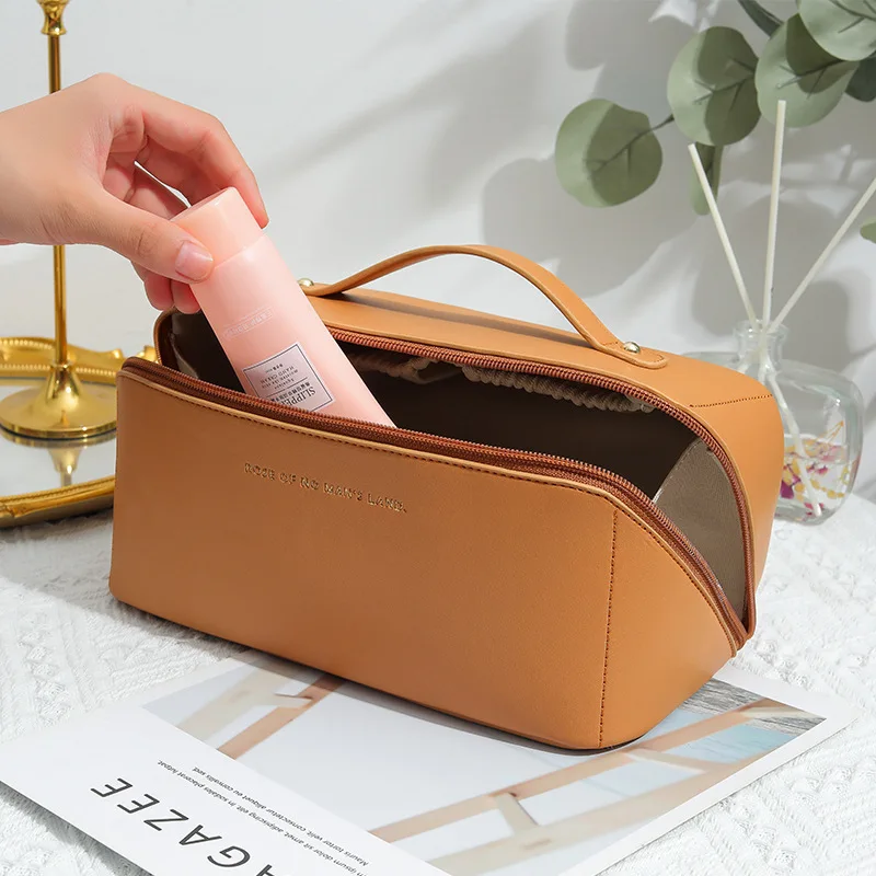 Bolsa de maquillaje de cuero Pu para mujer, bolsa de cosméticos impermeable con cremallera, organizador de viaje, bolsa de lavado