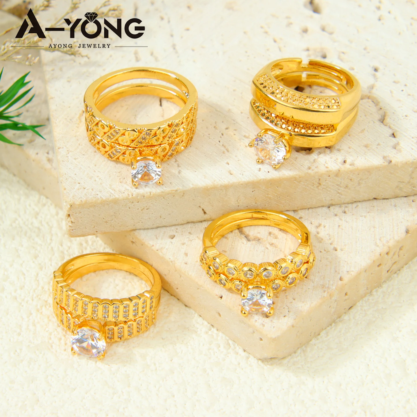 Dubai Mode Kubische Zirkonia Stapelbare Ringe 21k Vergoldet Arabischer Exquisiter Verlobungsring Paarringe Italienischer Goldschmuck – Detail 5