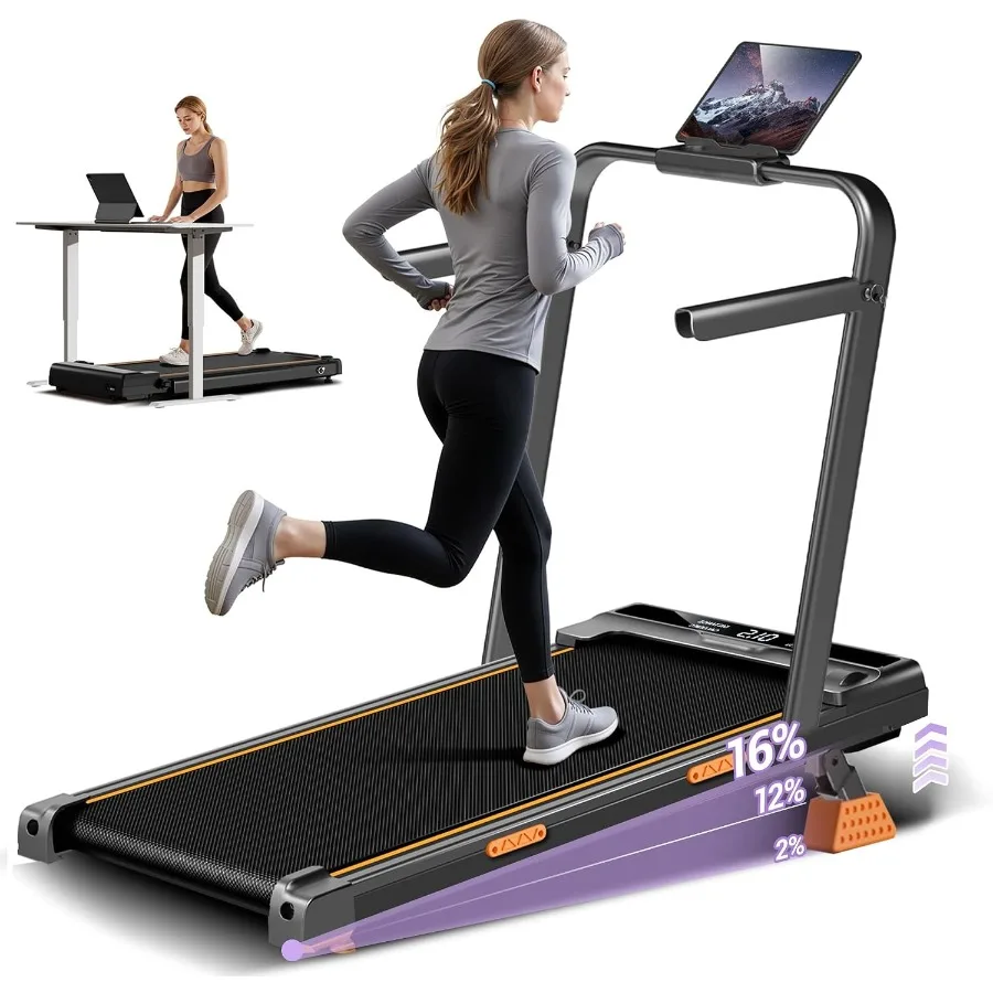 Walking Pad with 16 Incline, 4-in-1 Foldable Treadmill with Handles for home use, steel frame, black, compact and quiet operati