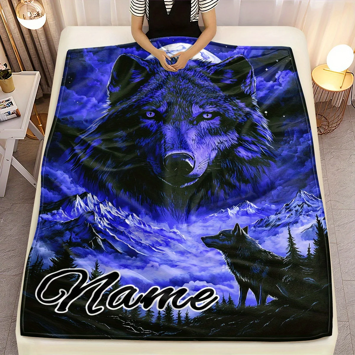 Personalisierte Wolfsdecke – Weiche Flanelldecke mit majestätischem Wolfsmuster, leicht und warm, perfekt für Familienreisen, ca