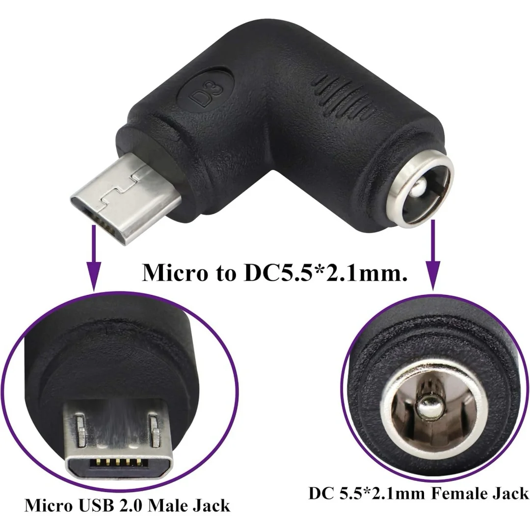 Micro 90 Degree Micro DC Power Adapter 90 Degree DC5.5x2.1mm to Micro USB 5V DC Power Supply Charging Connector for Cellphone