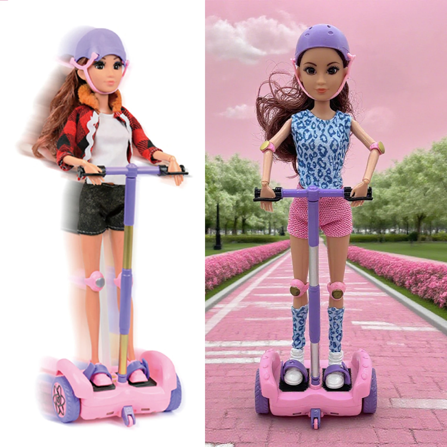 Fashion Doll Hoverboard Balance Bike Safety Gear Set 11.5-inch Doll Accessory Toy Remote Controlled Forward/Backward Rotation