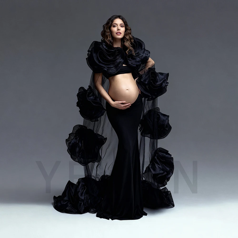 

Dramatic Black Maternity Dress Photoshoot Big Flower Cape 3 Piece Set Baby Shower Dress
