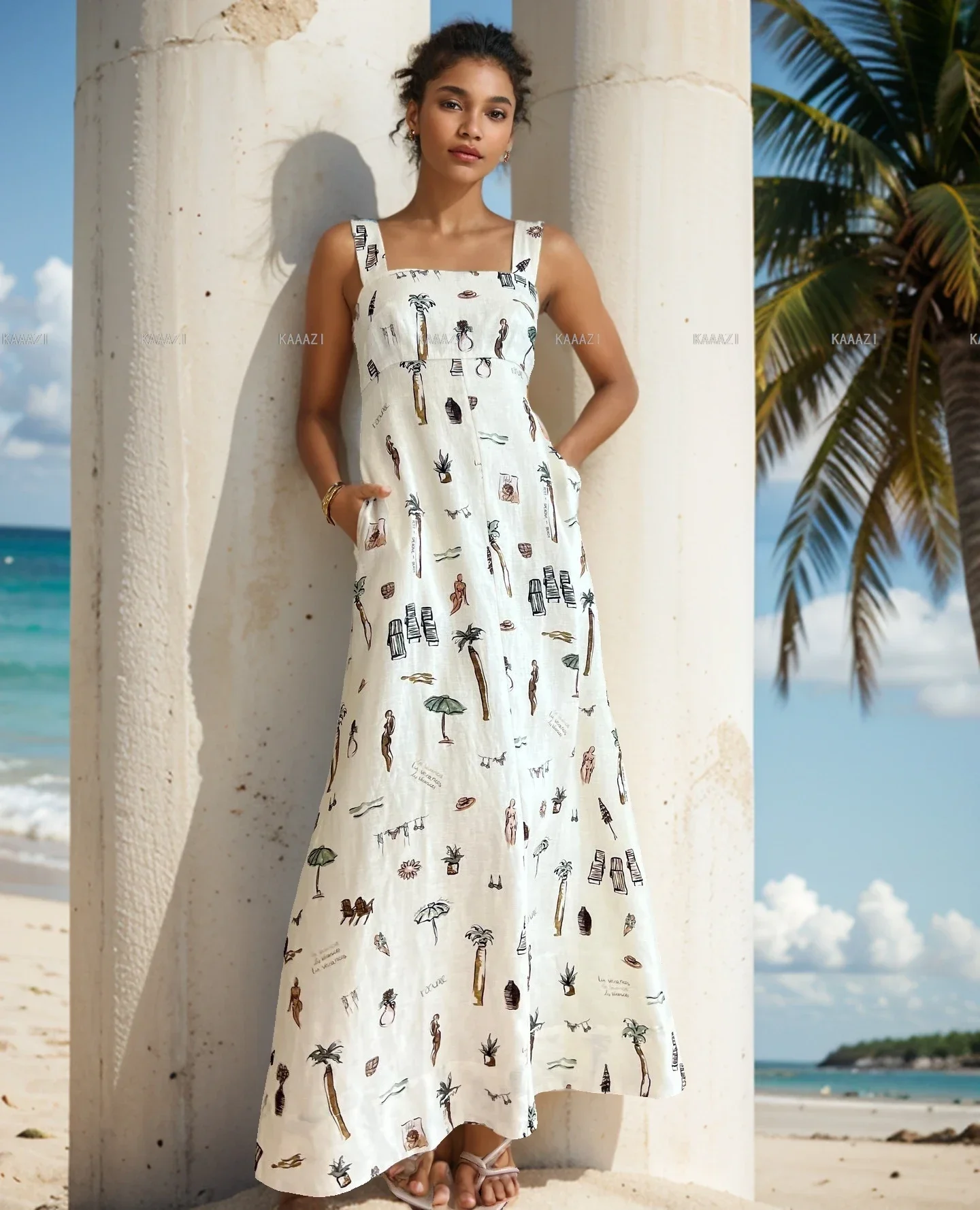 Maxi abito da spiaggia senza maniche da donna cinghie Vintage Slip Fashion Print abiti lunghi Casual senza maniche elegante Vestido Party Holiday