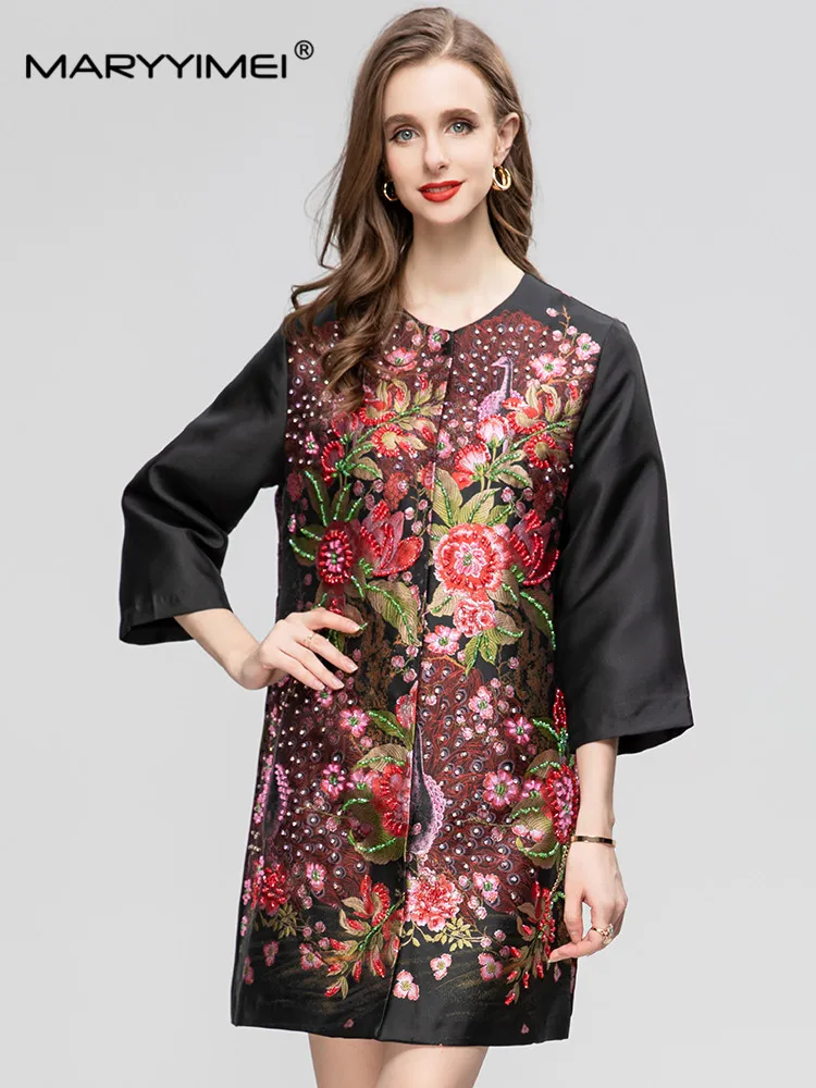 

MARYYIMEI Vintage Print Nail Bead Loose Waist Spring Autumn Women's Holiday 3/4 Sleeved Covered Button Coat