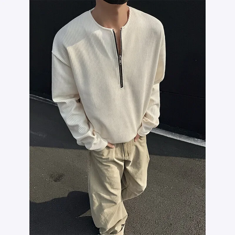 Pop Spring Long Sleeved T-shirt Men Casual Pleated T Shirt Men Streetwear Korean Loose Zipper Pullover T Shirt Mens Sweatshirt