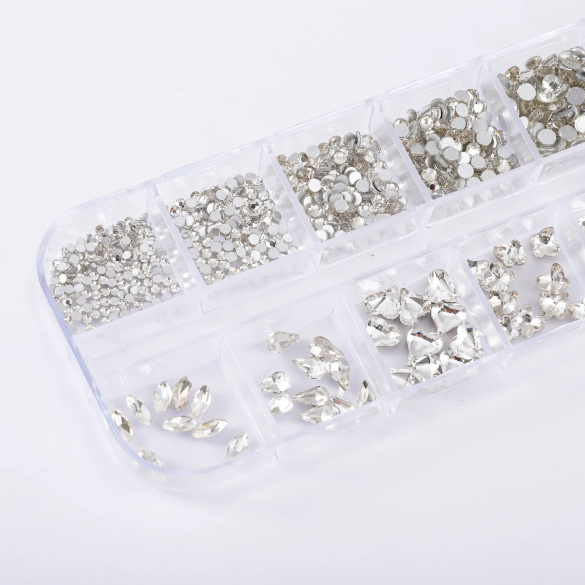 مجموعة من مثقاب الأظافر من حجر الراين ، 12 صندوق شبكي ، شفاف ، مسطح ، فراشة ، قلب ، قطرة #4