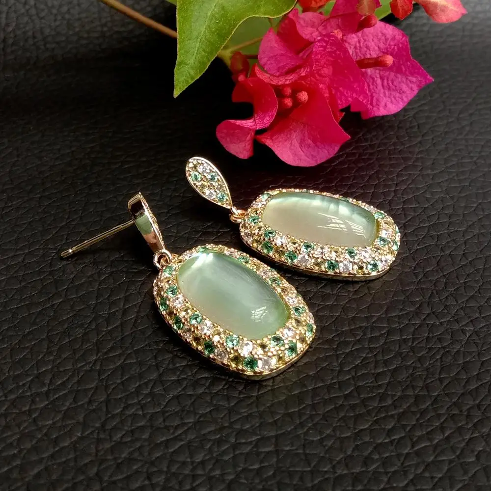 

YYGEM 16x24mm Green quartz Rectangle Drop cz pave gold plated stud Earrings Valentines Day Jewelry