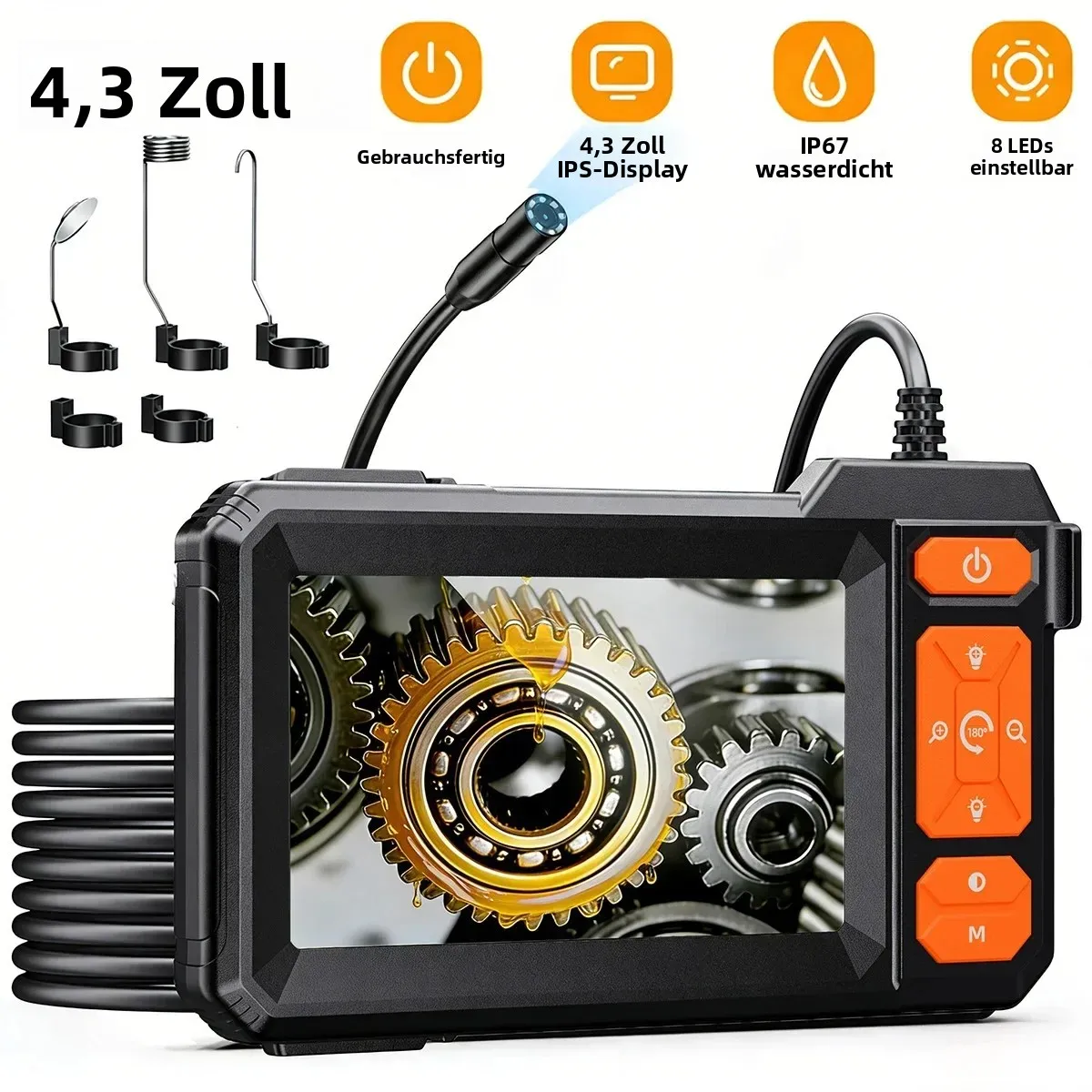 4,3" IPS Industrie-Endoskopkamera 1080P 8mm Sonde 8 einstellbare LEDs IP67 wasserdichtes halbstarres Schlangenkabel 2600mAh für die Inspektion von Auto-Motoren, Rohren und Abwasserleitungen