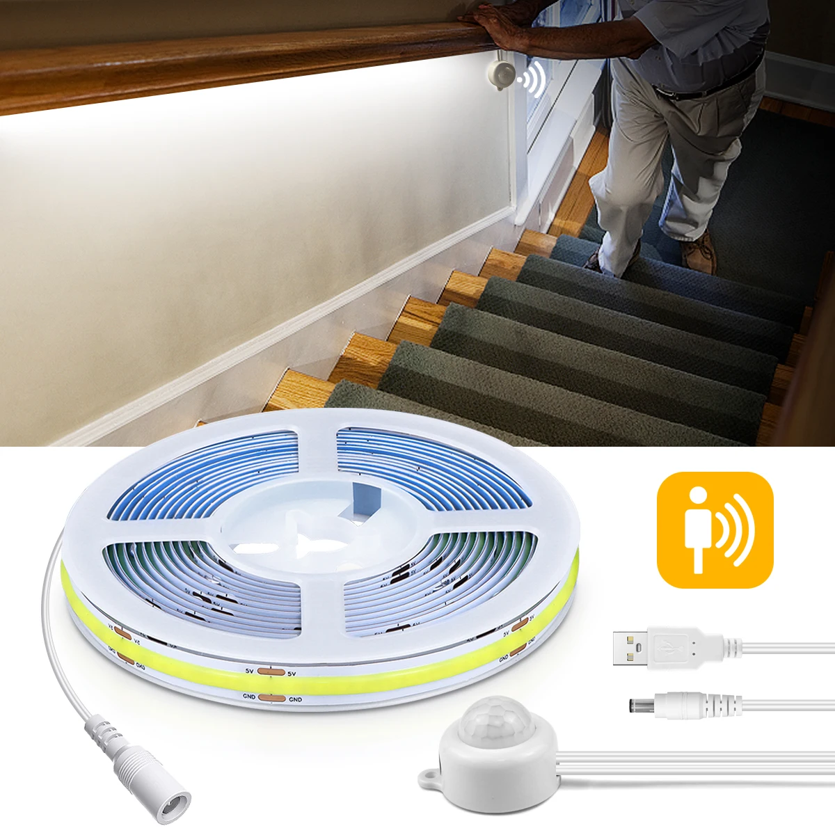 PIR Motion Sensor LED Strip Light, USB COB, 5V, Light Tape, Bedroom, Kitchen, Cabinet, Wardrobe, Backlight, Stair Decor Lighting