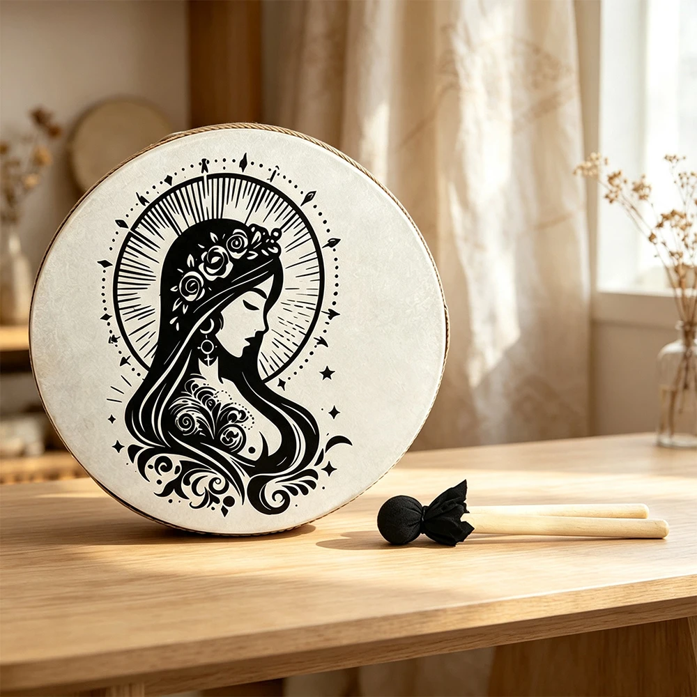 18-inch White Sheepskin Frame Drum with Floral Goddess Pattern Straps, Sound Therapy Meditation Healing Shamanic Hand Drum