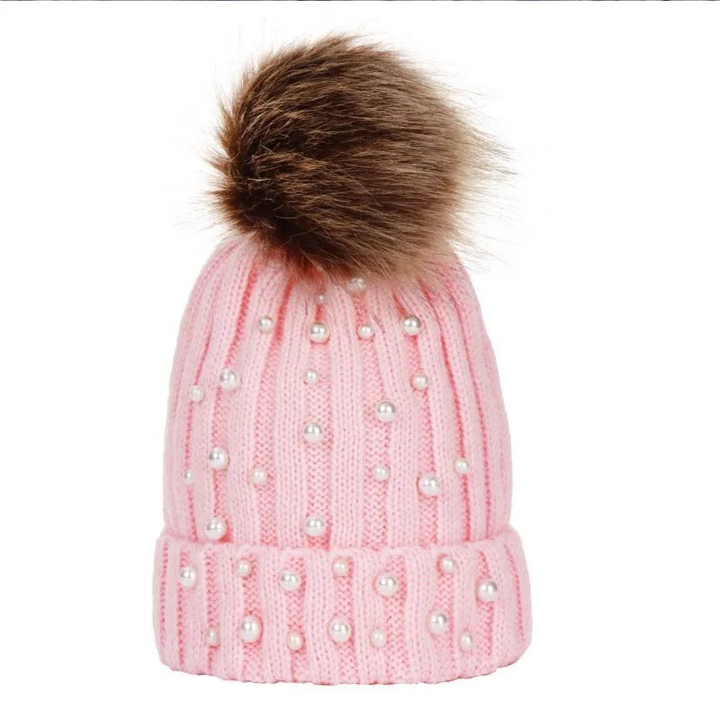 Autumn winter lovable baby warm knitted hat Fashion Pearl earmuffs Hat Girls Female Skullies Beanie Cap Pompom Hats