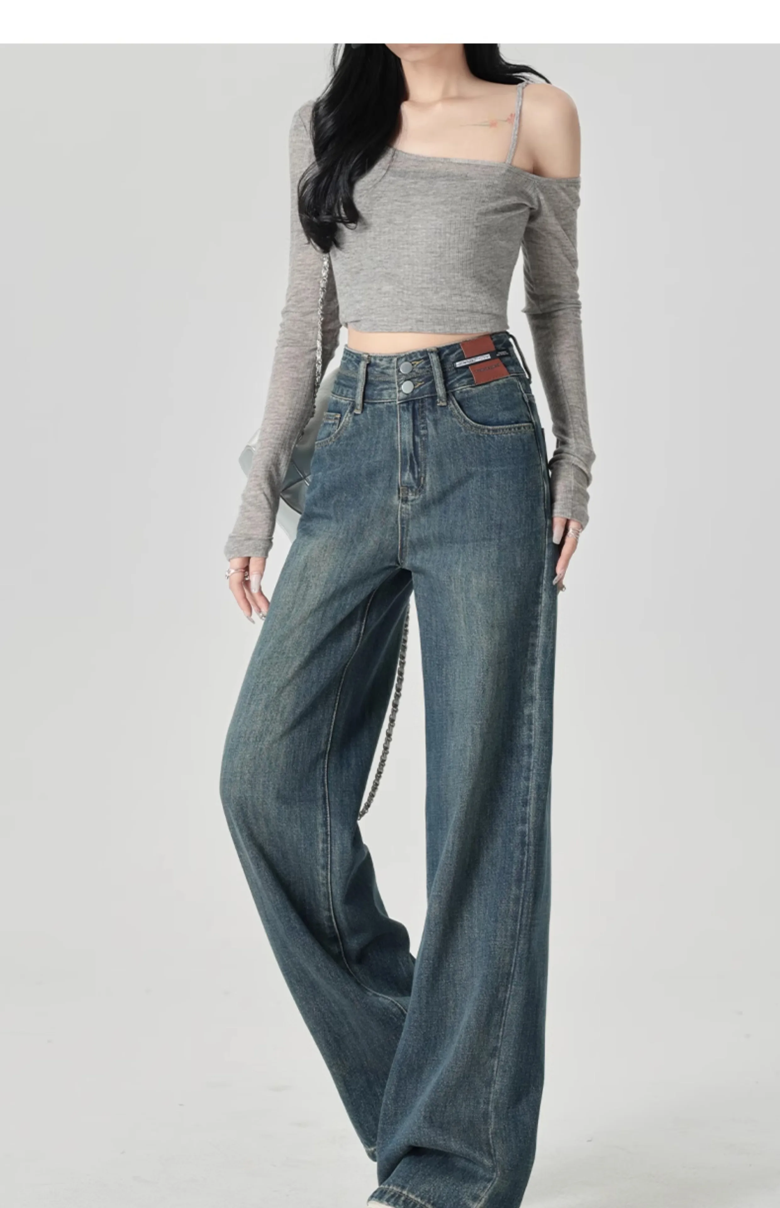 Schmal geschnittene Damenjeans mit weitem Bein, hoher Taille und hängendem Gefühl, gerades Bein, lässiger Look, schmale Hose in Kontrastfarben – Detail 7