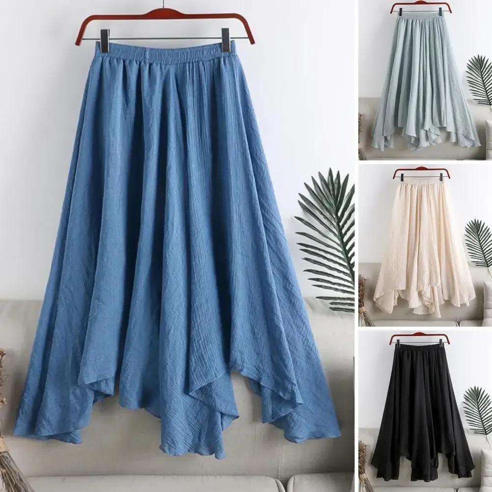 

2024 New Linen Skirt Women's Spring Summer Women Midi Solid Color Wild Irregular Pleated Blue Black Big Swing Fishtail Skirt