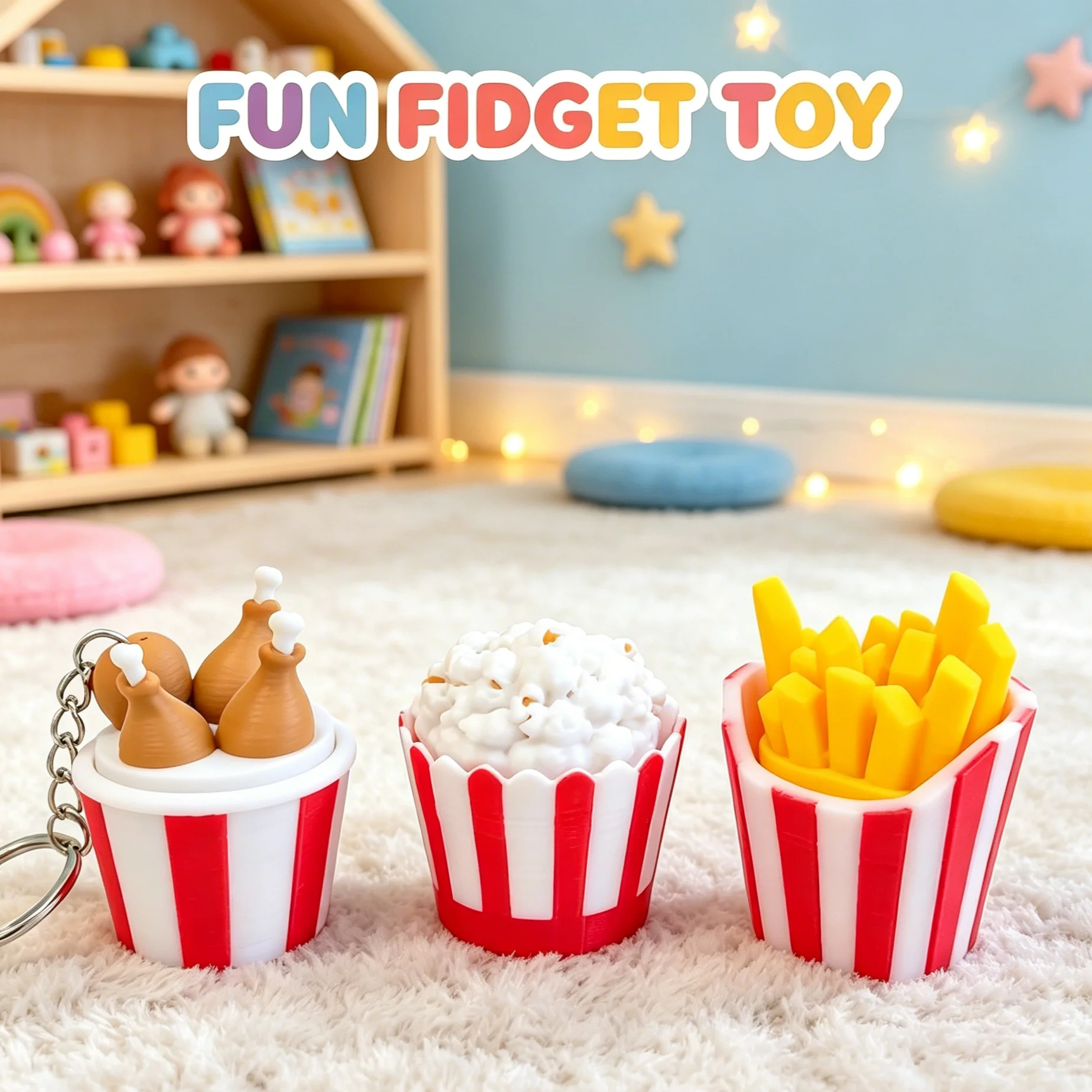 Fried Chicken Fries Fidget Keychain Keyboard Keycap Stress Relief Finger Clicker Toy Creative Funny Hand Relaxation Key Chain
